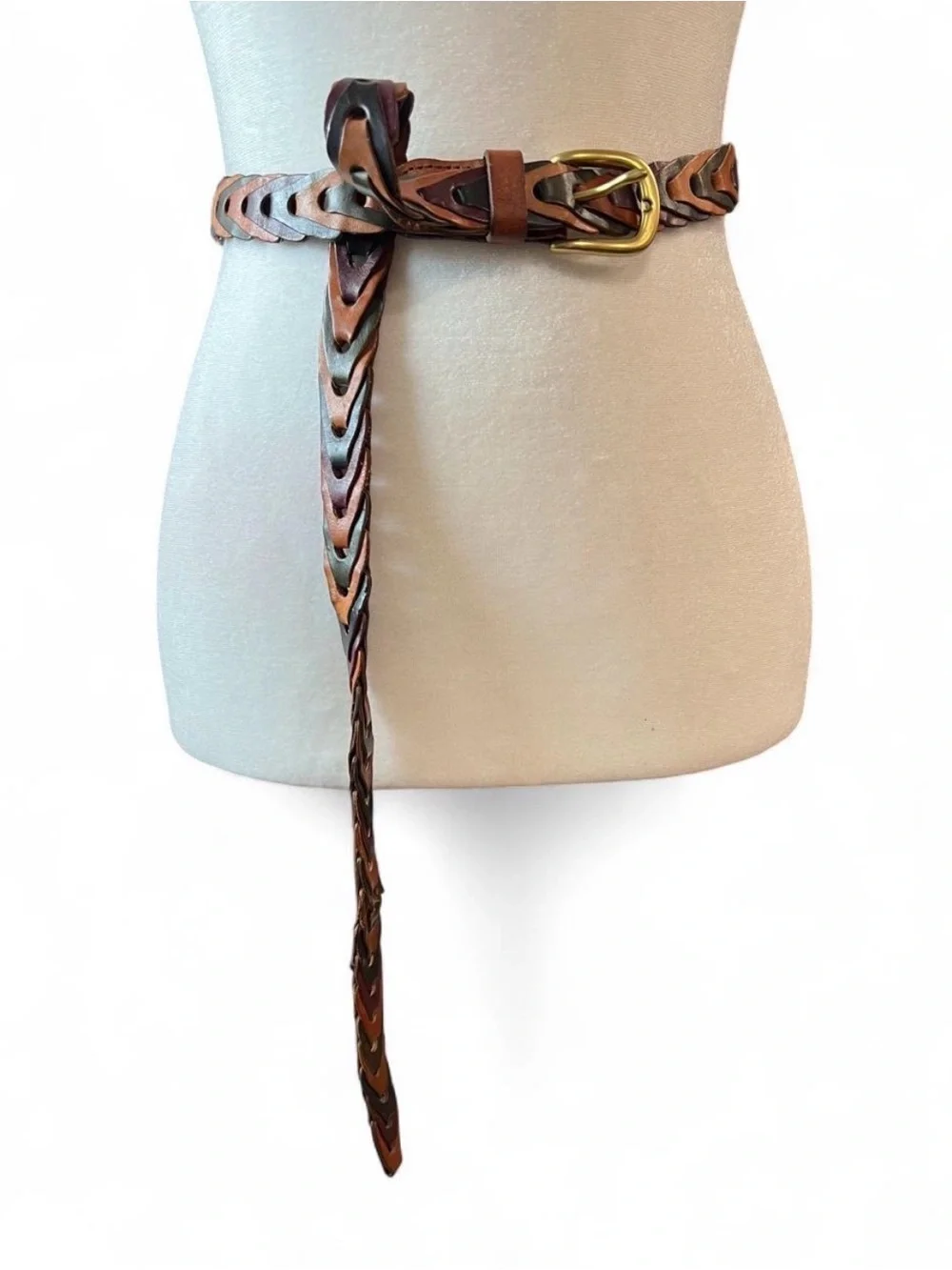 Vintage Multi-Color Braided Leather Belt 2XL with Brass Buckle